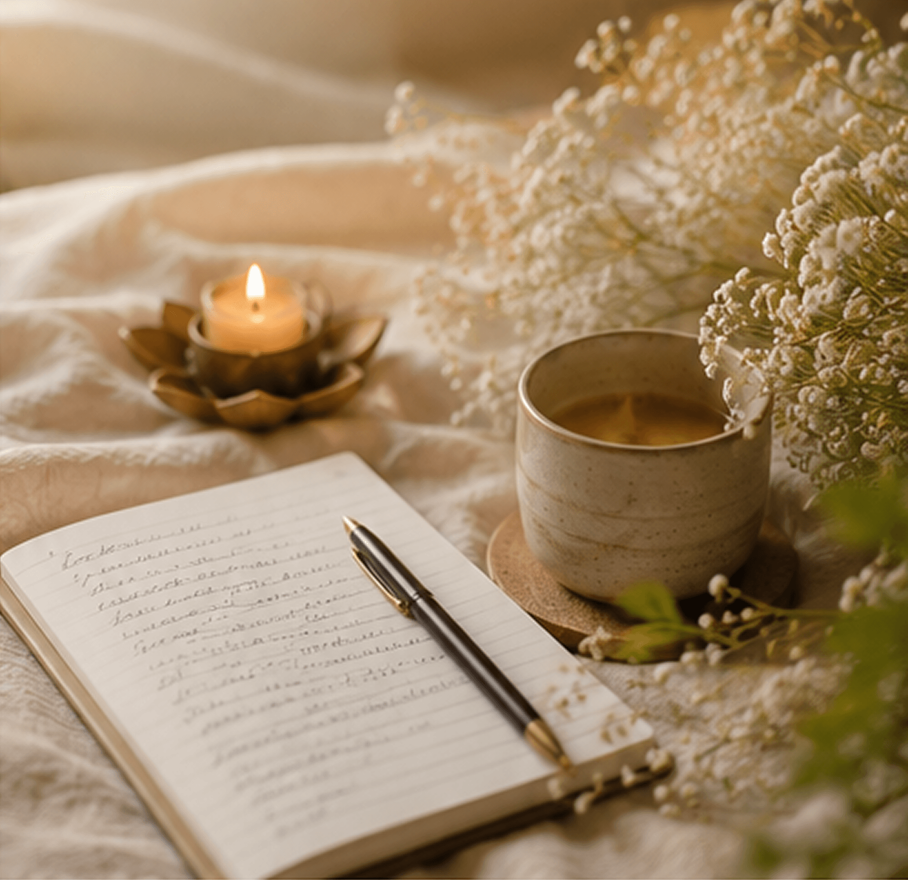 Journal, candle and white flowers on a soft blanket