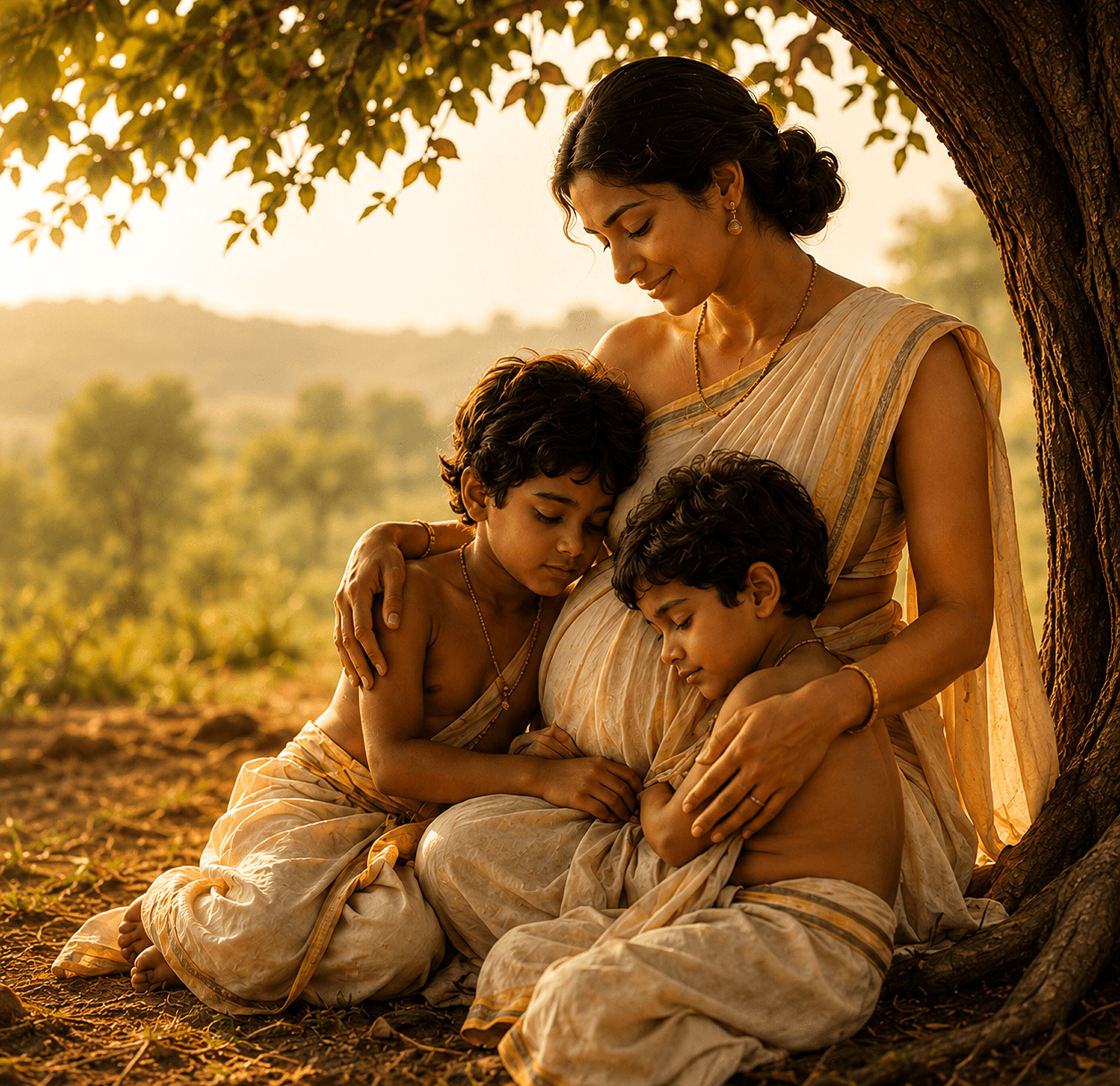 Mother sitting under a tree with her two children, golden light