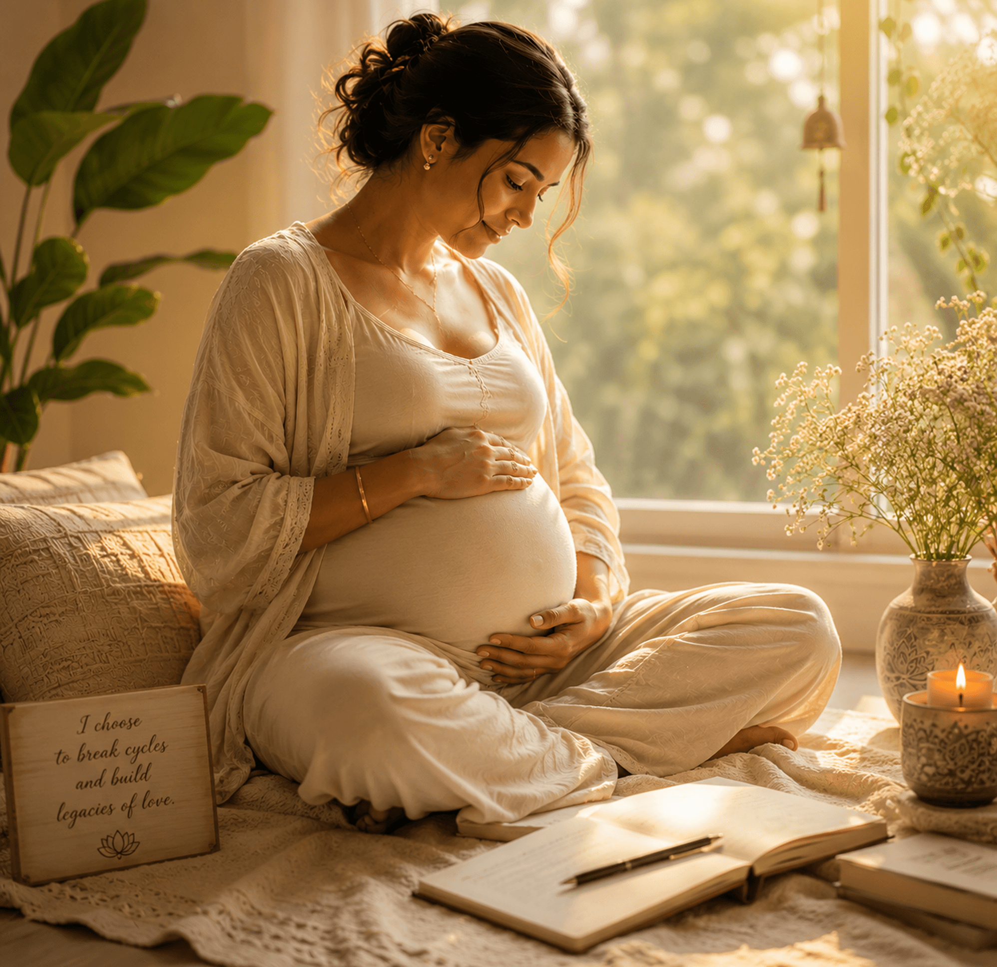 Pregnant woman journaling by a window with a candle