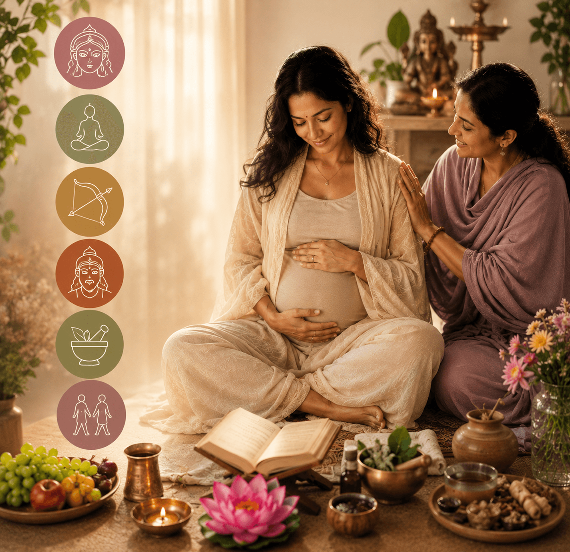 Pregnant woman with a guide reviewing rituals and offerings